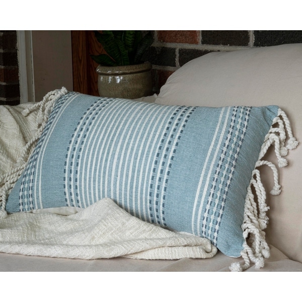 Foreside Home & Garden Blue Hand Woven 14 x 22 inch Decorative Cotton Throw Pillow Cover with Insert and Hand Tied Tassels