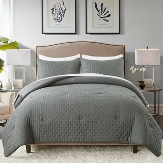 Solid Comforter Set with 2 Pillow Shams Queen Gray