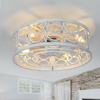 Vintage Distressed White Flush Mount Ceiling Fan, Round Low Profile Metal Caged Ceiling Fan with Remote - 19.5inch