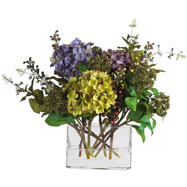 Mixed Hydrangea w/Rectangle Vase Silk Flower Arrangement - 12