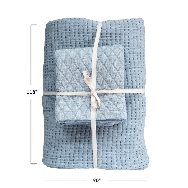 Cotton Kantha Stitched Bed Cover with 2 Quilted Standard Shams, Queen, Set of 3 Pieces