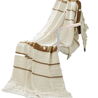 Kai 50 x 70 Throw Blanket with Fringes, Soft Knitted Cotton, Ivory, Gold