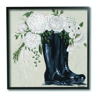 The Stupell Home Decor Collection White Flower Arrangement in Black Boots Painting, 12 x 12, Proudly Made in USA - Multi-Color