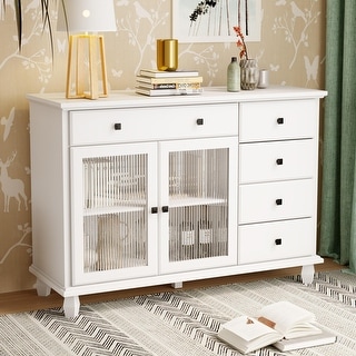 White Storage Cabinet with 5 Drawer, 2 Glass Door