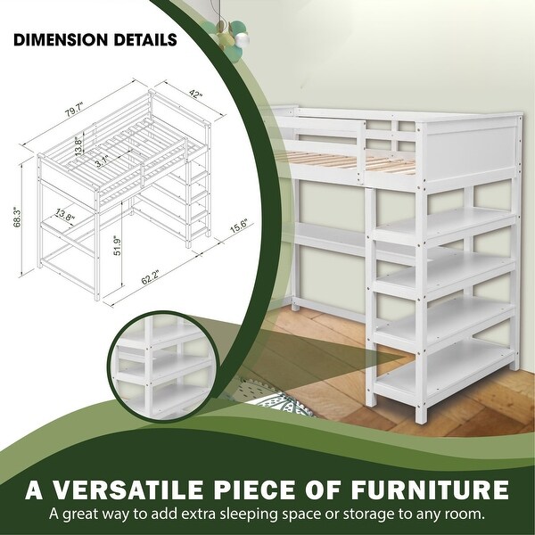 Wooden Twin Loft Bed with Desk, Shelves, and Under-Bed Storage,White