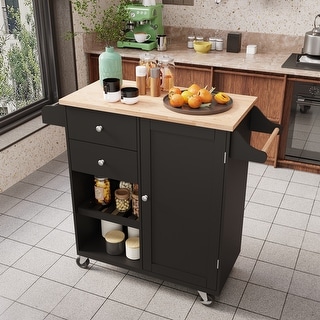 Kitchen Cart with Spice Rack ,Towel Rack & Two Drawers,Rubber wood top