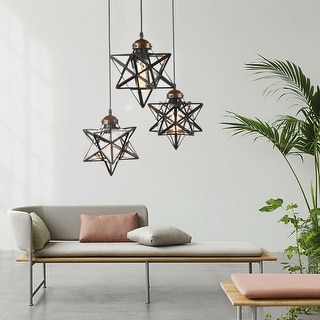 3-Light Industrial Brown Star Pendant Light with Clear Glass Shade - 12in