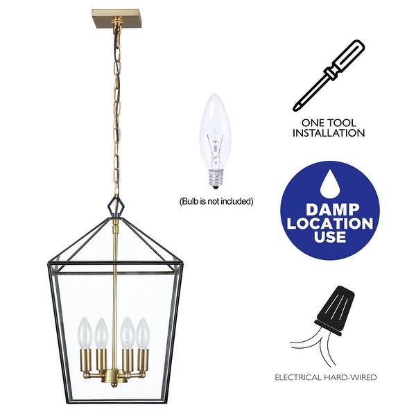 4-Light Brass Lantern Pendant with Clear Tempered Glass Panes - W12" x E12" x H19.25"
