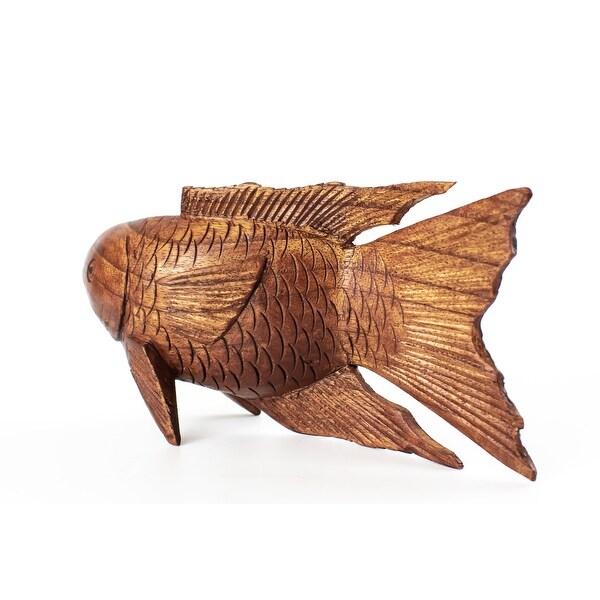 Wooden Hand Carved Koi Fish Statue Figurine Sculpture Art Home Decor Accent Handmade Handcrafted Seaside Tropical Nautical