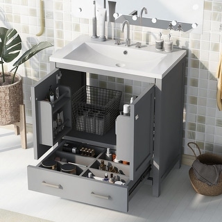 30" Grey Bathroom Vanity with Single Sink and Multifunctional Storage