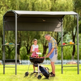 7ft.Wx4.5ft.L Iron Double Tiered Backyard Patio BBQ Grill Gazebo Gray