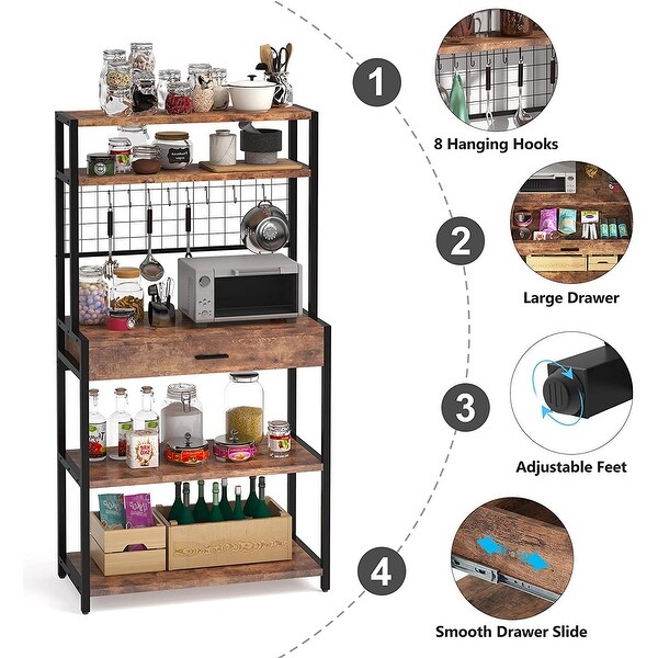 Kitchen Bakers Rack with Drawer, Hutch and 8 S-Hooks - 15.74"D x 31.5"W x 62.99"H