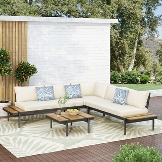 The Outdoor Acacia 5-seat Sectional Sofa Set w/ Water-resistant Cushions by Christopher Knight Home