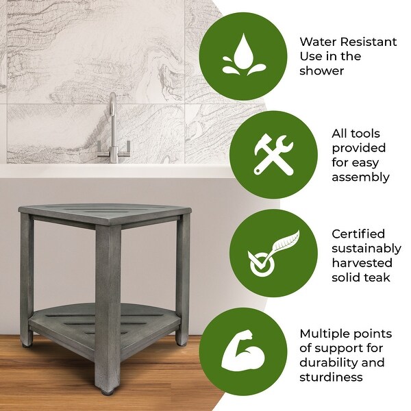 CoastalVogue Snazzy Corner Natural Teak Wood shower & Bathroom shaving shelf in an Antique Gray Finish 18-inch Height 12-Radius