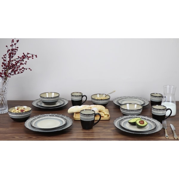 Lorren Home Trends 16 Piece Glazed Dinnerware Neutral and Blue (Service for 4)