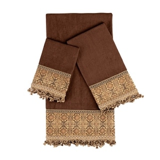 Sherry Kline Taj Mahal Brown 3-piece Decorative Towel Set, Jacquard Fabric Band, onion fringe trim, 1 Bath, Hand & tip Towel
