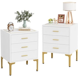 Modern Nightstand with 3 Drawers, White Gold Bedside Table for Bedroom