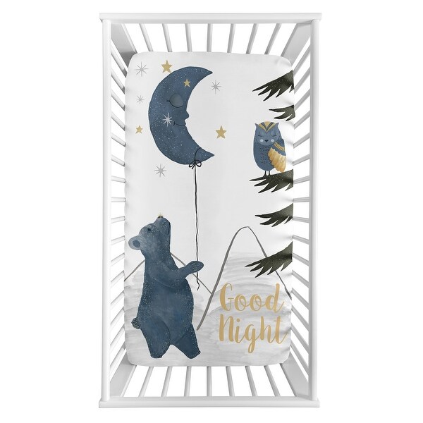Woodland Bear and Owl Boy or Girl Photo Op Fitted Crib Sheet - Navy Blue Grey Gold Black Celestial Moon Star Watercolor Forest