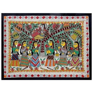 Handmade Krishna Charms Gopies Madhubani Painting (India) - Multi-color