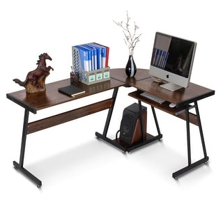 Mcombo Reversible Brown Gaming Desk Corner Desk Modern L-Shaped Desk Computer Desk for Home Office