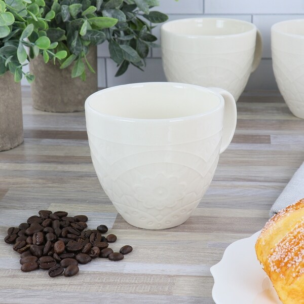 16 Ounce Floral Stoneware Mug in White 4 Piece Set