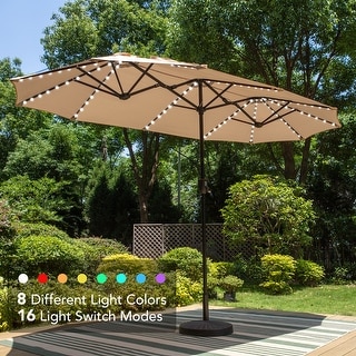 PHI VILLA Double-Sided 13-foot Twin Outdoor Market Crank Umbrella with Colored LED Lights