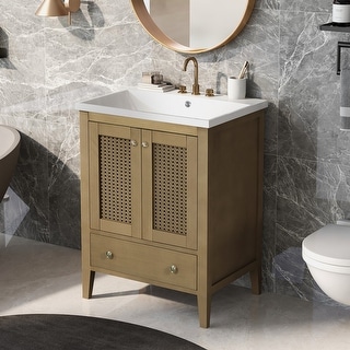 Solid Frame 24" Bathroom Vanity with Ceramic Basin, Rattan Cabinet