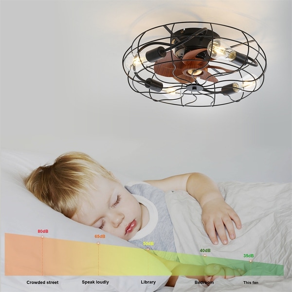 20 inch Flush Mount Ceiling Fan Light with Remote Cage Farmhouse Fandelier Black Wood Low Profile Ceiling Fan