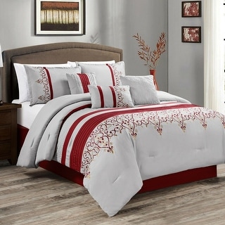 Embroidery Comforter Set 7 Alternative Queen Burgundy