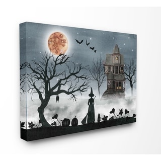 Stupell Halloween Witch Silhouette in Full Moon Haunted House Scene, Proudly Made in USA - Multi-Color - 36 x 48