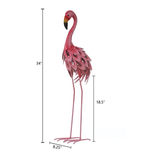 Pink Flamingo Outdoor Metal Garden Statue with Solar Light - 34-Inch H