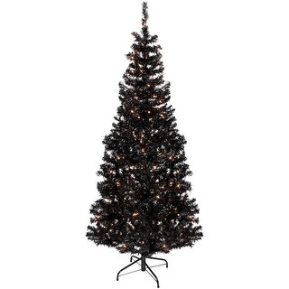6' Pre-Lit Black Artificial Tinsel Christmas Tree, Clear Lights - 6 Foot