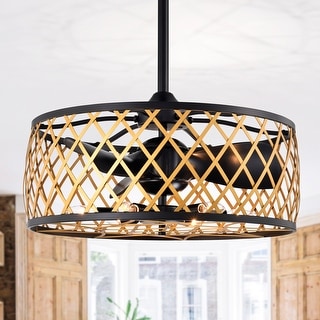 Annas 25 Inch Matte Black and Gold cage Finish Ceiling Lighted Fandelire with Remote