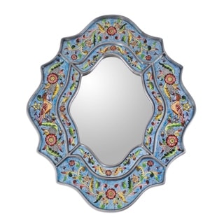Handmade Revers Painted Bright Blue Sky Flower Mirror (Peru) - 9.75 " W x 13.0" H
