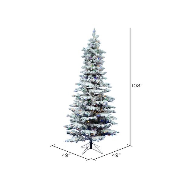 Vickerman 9' Flocked Utica Fir Slim Artificial Christmas Tree, Multi-Colored LED Lights - Flocked White on Green