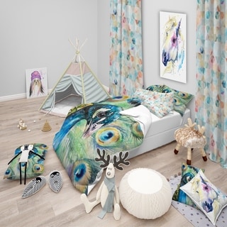 Designart 'Larger Peacock Watercolor' Modern kids Bedding Set - Duvet Cover & Shams