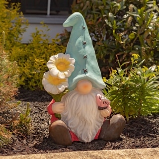 Magnesium Garden Gnome Sitting Holding Daisies and a Butterfly