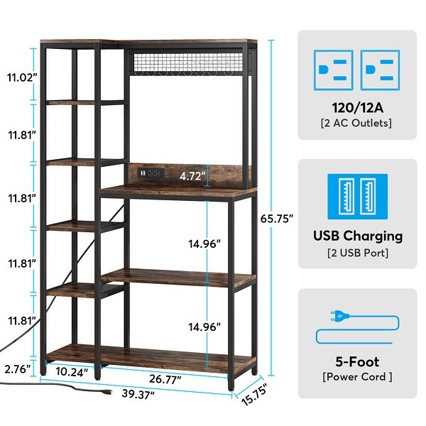 Baker's Rack with Power Outlets, 8-Tier Microwave Stand with Storage Shelves, Freestanding Kitchen Utility Shelf Organize