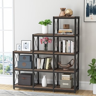 Industrial 12 Shelves Bookcase, Ladder Corner 9 Cubes Bookshelf