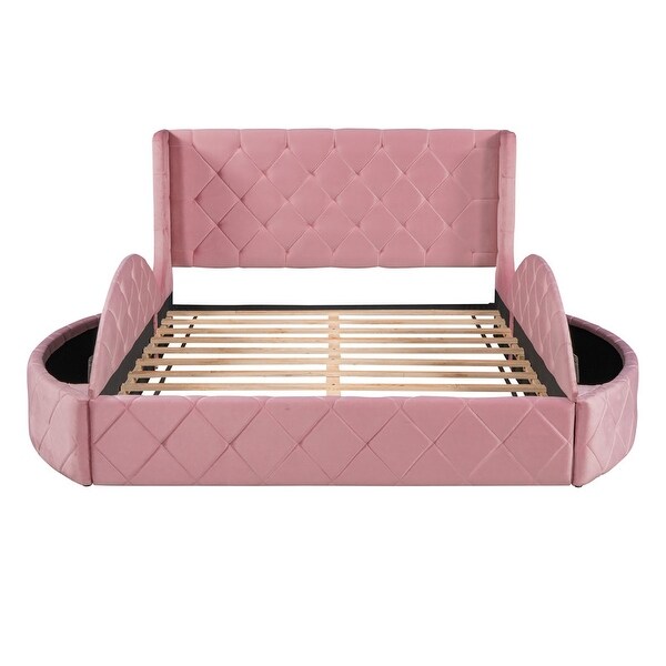 Queen Upholstered Platform Bed with 1 Drawer,2 Side Storage Stool