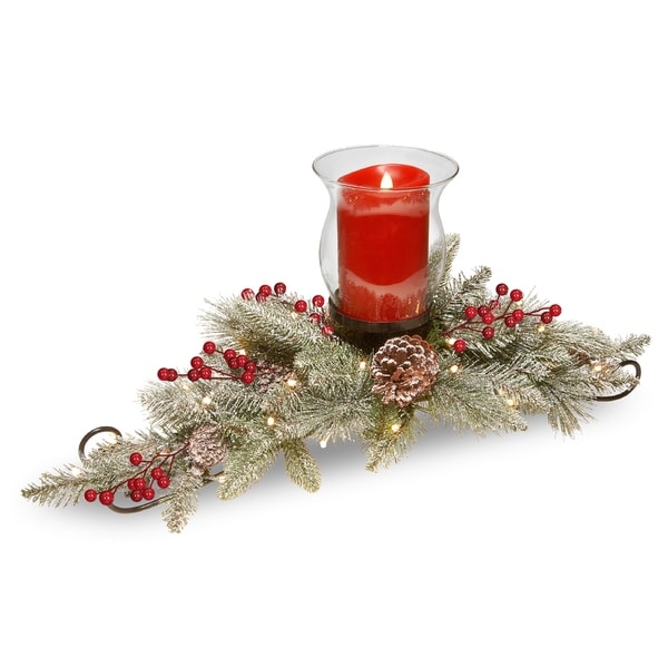 30" Snowy Bristle Berry Candle Holder Centerpiece with Battery operated LED lights