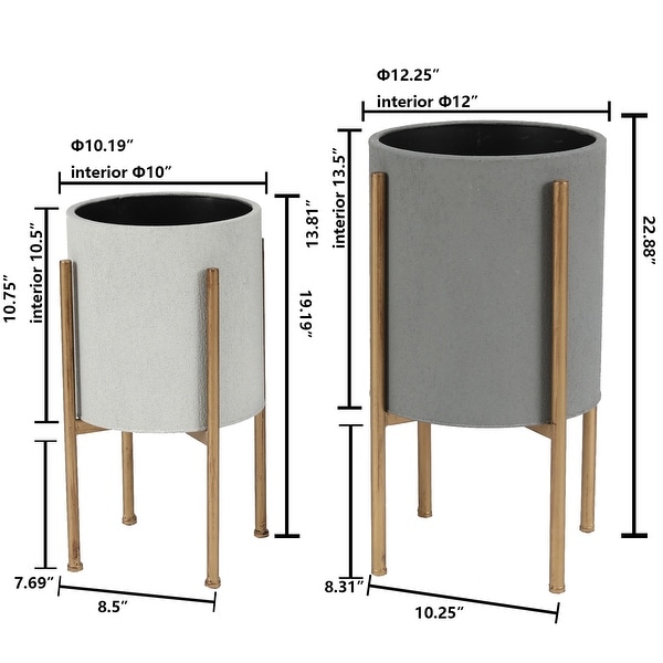 Multi-Grey Round Metal Planters with Gold Stand (Set of 2)