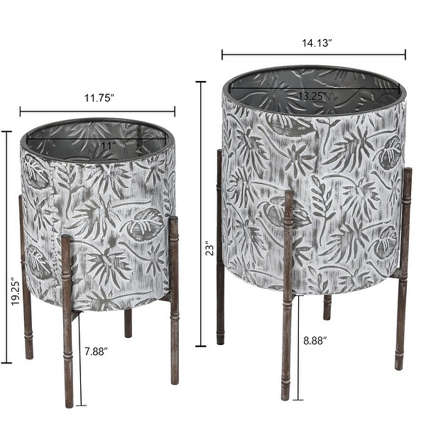 Coastal Distressed White and Grey Metal Cachepot Planters with Metal Stand (Set of 2)