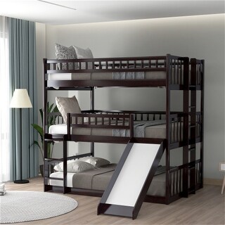 Full-Over-Full-Over-Full Wooden Triple Bed With Ladder,Guardrails in Espresso