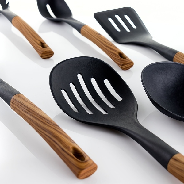 MegaChef 7 Piece Black Nylon Kitchen Utensil Set With Wood Design