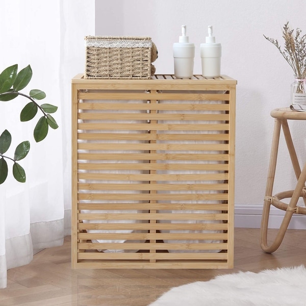 VEIKOUS Bamboo Hamper Laundry Basket with Lid and Removable Liner Bag - 22''W x 25.3''H x 14''D