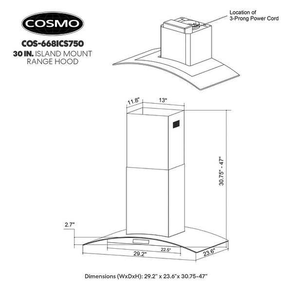 Cosmo 30 in. Ductless Island Range Hood in Stainless Steel with Carbon Filter Kit for Recirculating - 30 in.