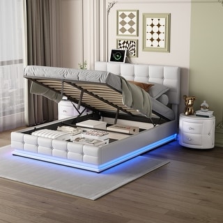Queen Upholstered Bed with LED Lights and 2 nightstands