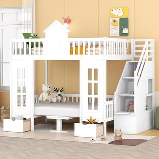 Full Bunk Bed with Changeable Table and Drawer, Playhouse Design