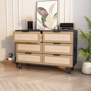 6 Drawers Natural Rattan Dresser with Rattan Drawers